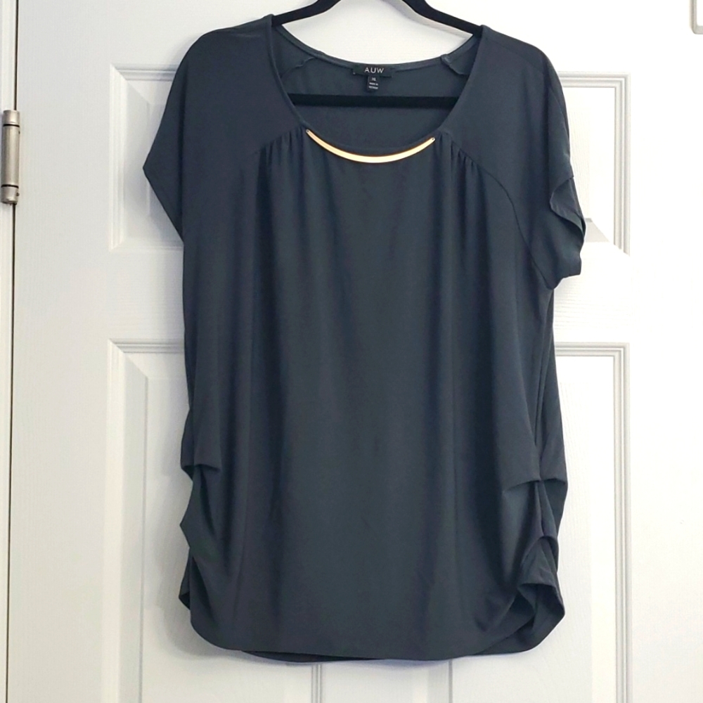 Gray blouse with metal collar necklace